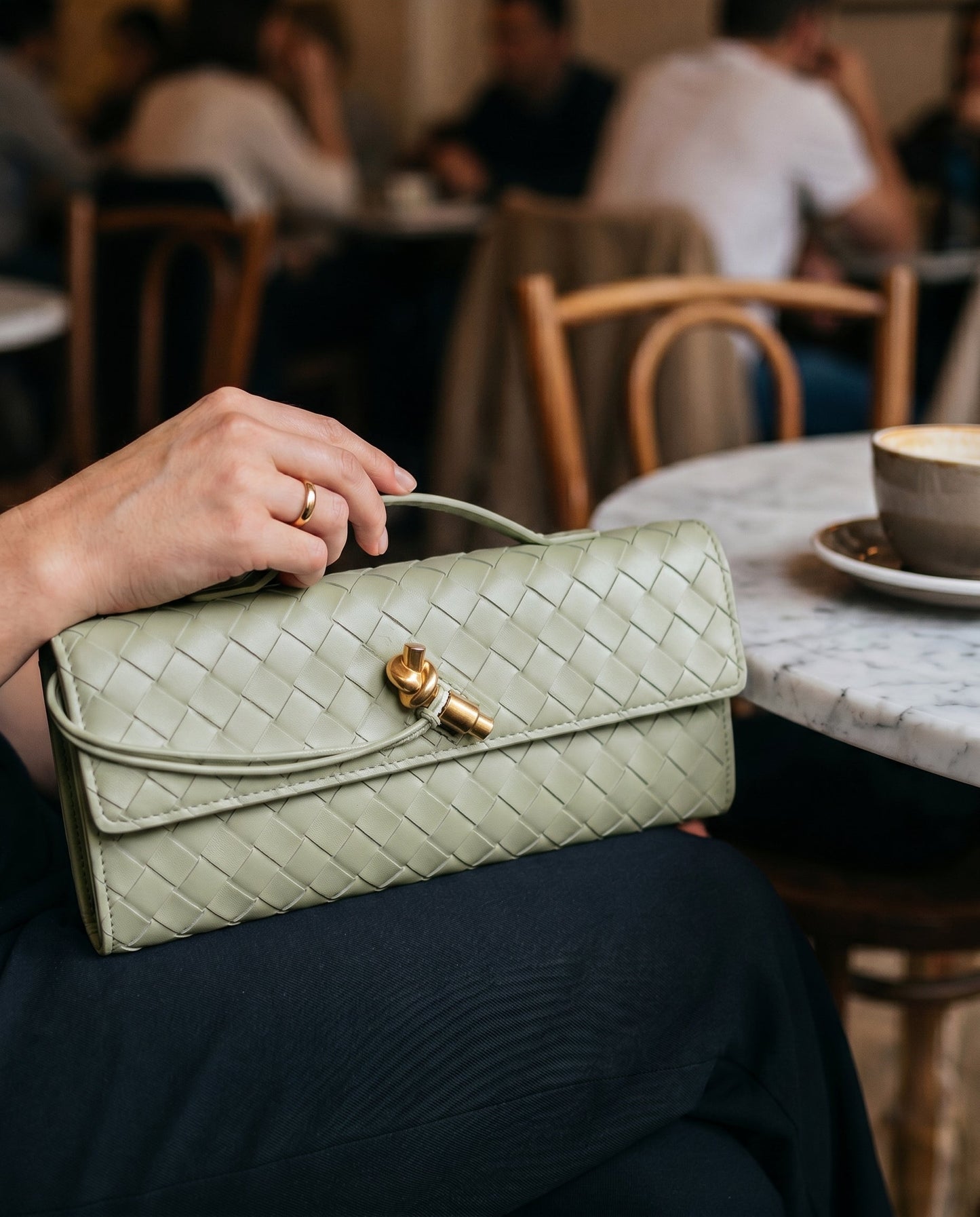 Pochette Intrecciata, Piccola Borsa a Tracolla, Ecopelle-Verde Grotta-Unica-Modaso