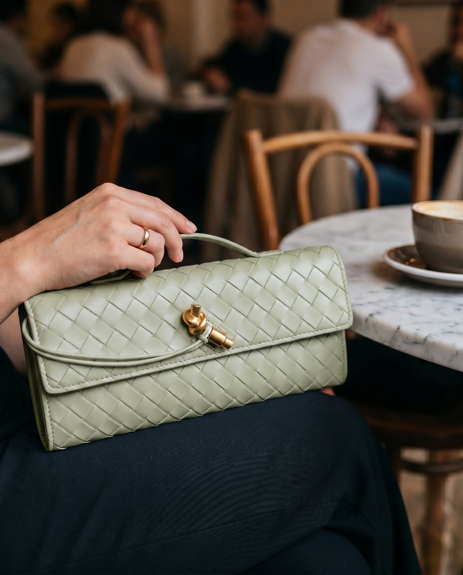 Pochette Intrecciata, Piccola Borsa a Tracolla, Ecopelle-Verde Grotta-Unica-Modaso