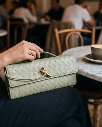 Pochette Intrecciata, Piccola Borsa a Tracolla, Ecopelle-Verde Grotta-Unica-Modaso