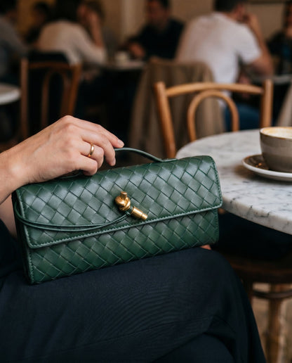 Pochette Intrecciata, Piccola Borsa a Tracolla, Ecopelle-Verde Scuro-Unica-Modaso