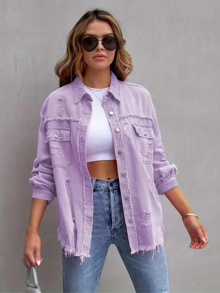 Reese, Giacca di Jeans, Giacca di Jeans Oversize Strappata da Donna-Modaso