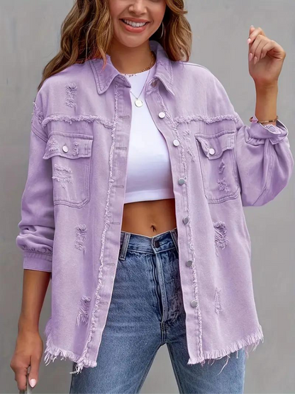 Reese, Giacca di Jeans, Giacca di Jeans Oversize Strappata da Donna-Modaso