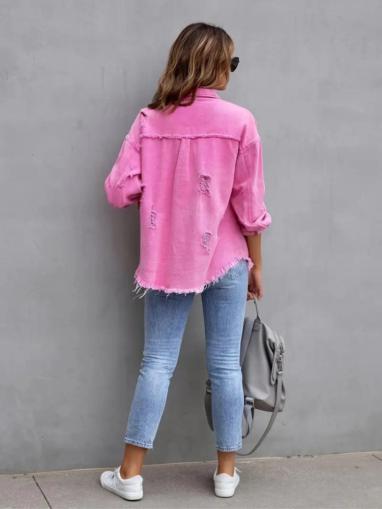 Reese, Giacca di Jeans, Giacca di Jeans Oversize Strappata da Donna-Modaso