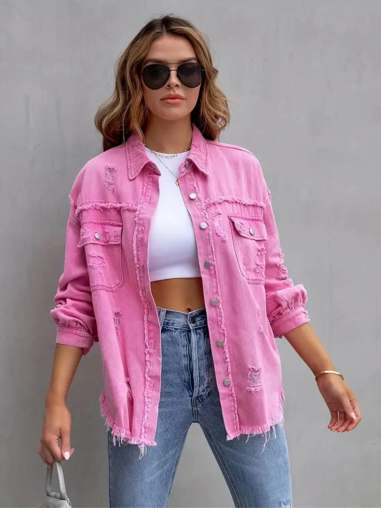 Reese, Giacca di Jeans, Giacca di Jeans Oversize Strappata da Donna-Modaso