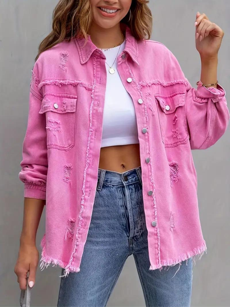 Reese, Giacca di Jeans, Giacca di Jeans Oversize Strappata da Donna-Modaso