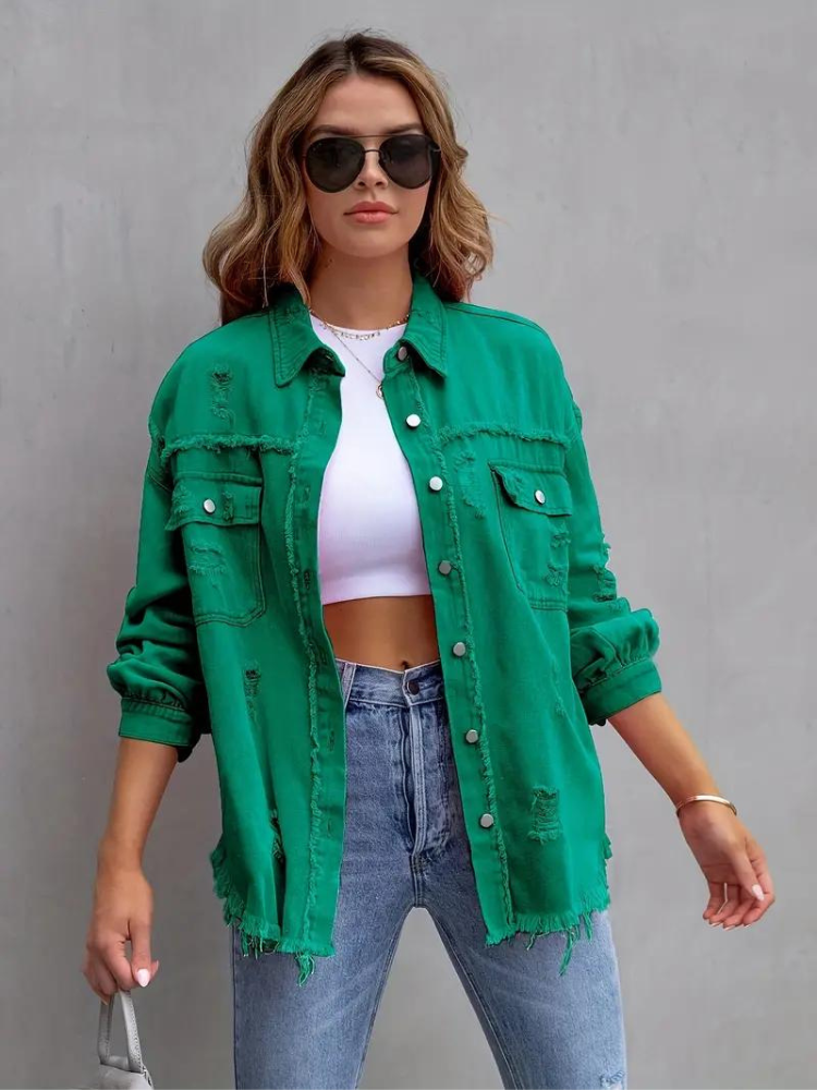 Reese, Giacca di Jeans, Giacca di Jeans Oversize Strappata da Donna-Modaso