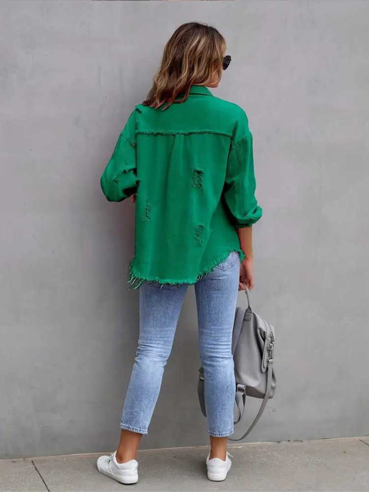 Reese, Giacca di Jeans, Giacca di Jeans Oversize Strappata da Donna-Modaso