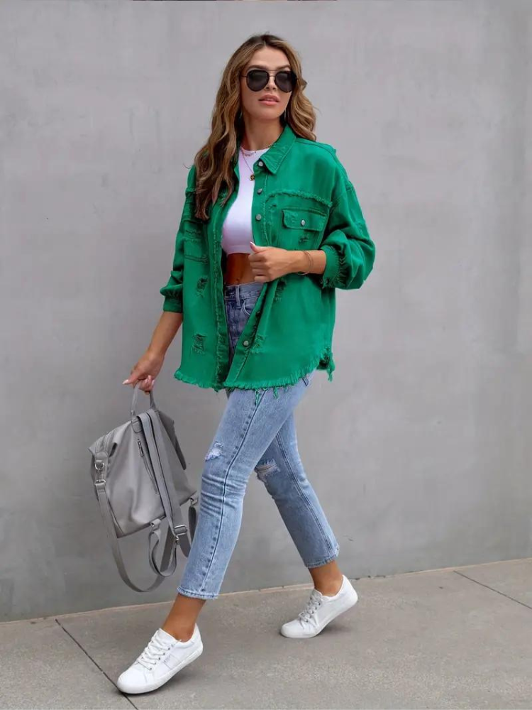 Reese, Giacca di Jeans, Giacca di Jeans Oversize Strappata da Donna-Modaso