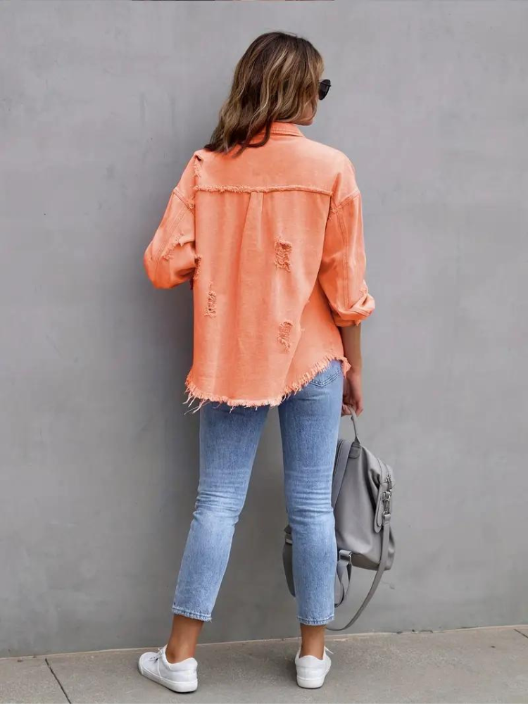 Reese, Giacca di Jeans, Giacca di Jeans Oversize Strappata da Donna-Modaso