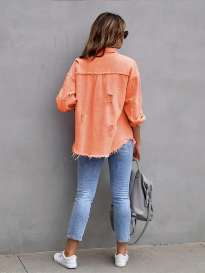 Reese, Giacca di Jeans, Giacca di Jeans Oversize Strappata da Donna-Modaso
