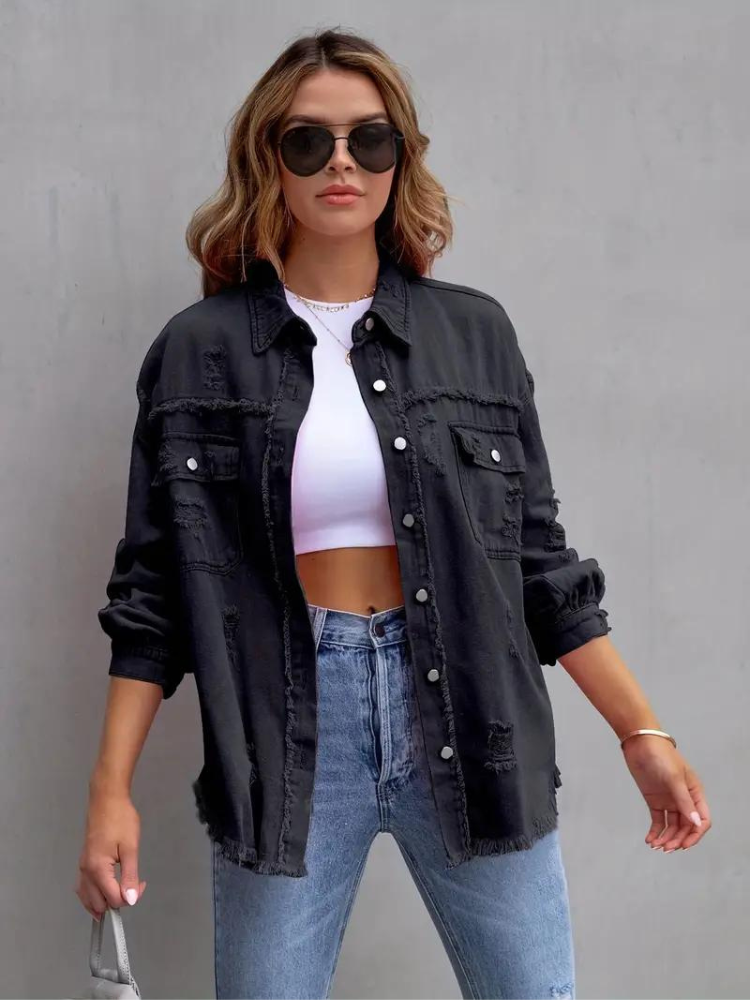Reese, Giacca di Jeans, Giacca di Jeans Oversize Strappata da Donna-Modaso