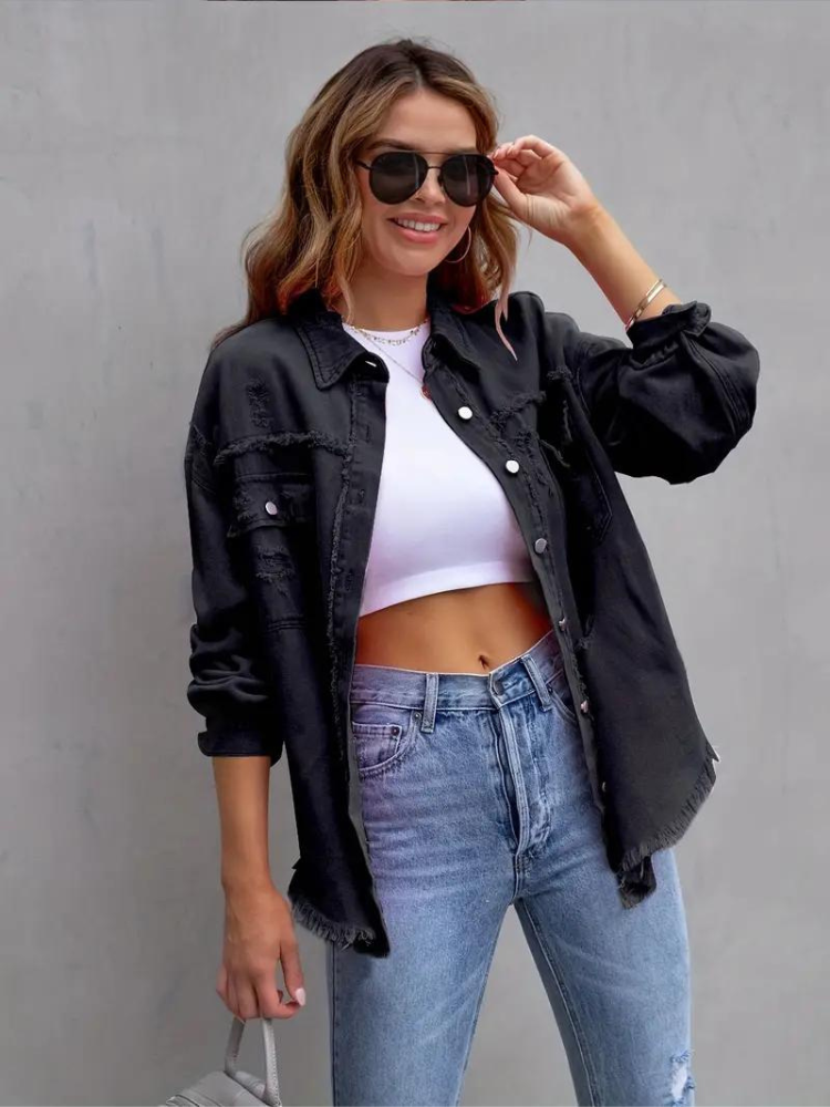 Reese, Giacca di Jeans, Giacca di Jeans Oversize Strappata da Donna-Modaso