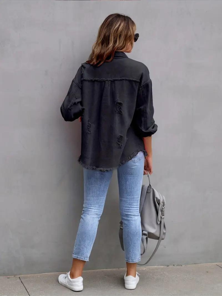 Reese, Giacca di Jeans, Giacca di Jeans Oversize Strappata da Donna-Modaso