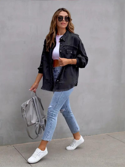 Reese, Giacca di Jeans, Giacca di Jeans Oversize Strappata da Donna-Modaso