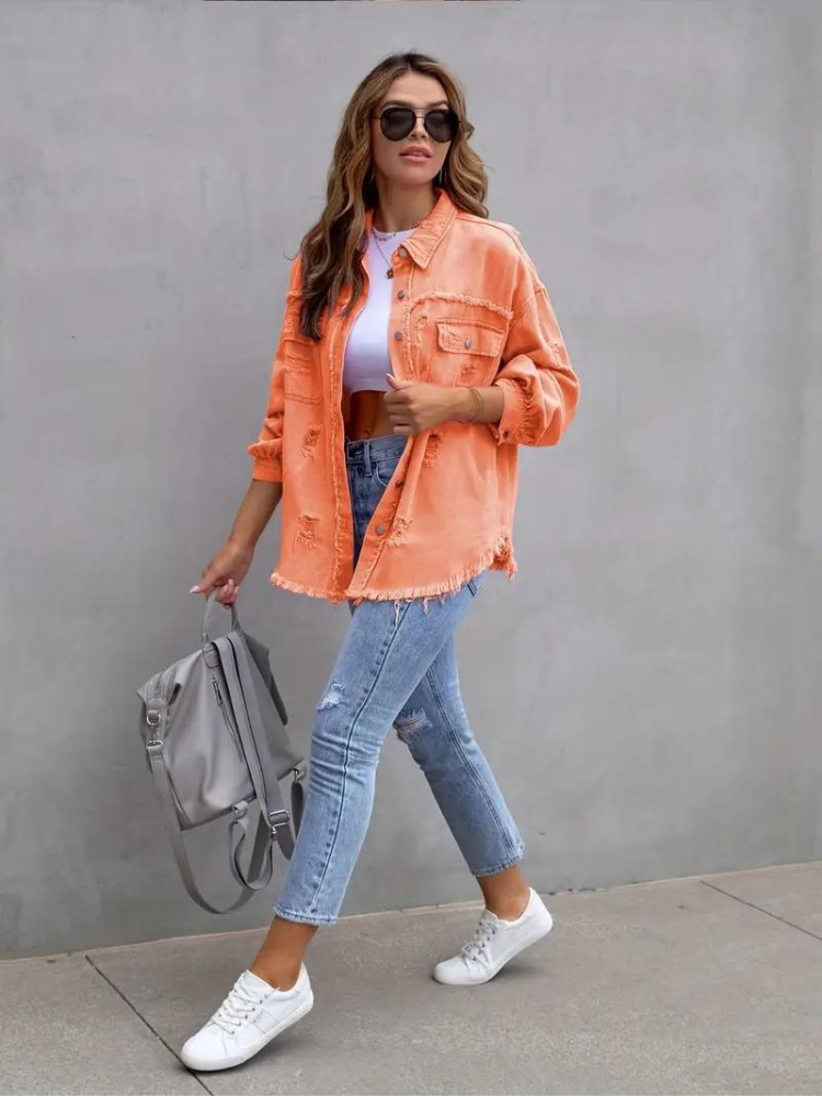 Reese, Giacca di Jeans, Giacca di Jeans Oversize Strappata da Donna-Modaso