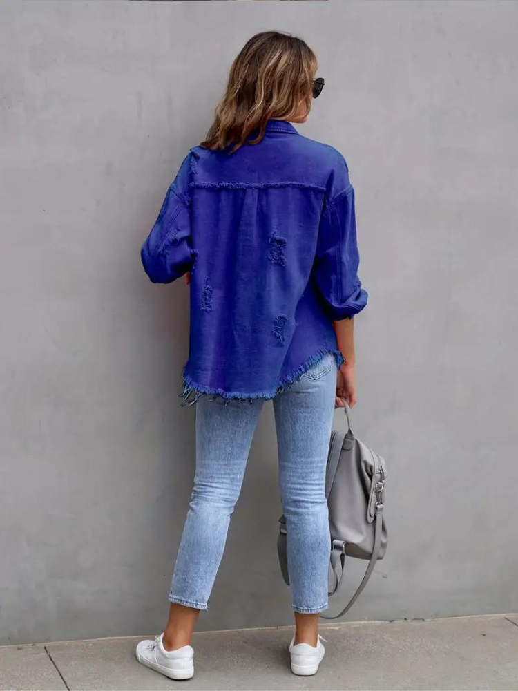 Reese, Giacca di Jeans, Giacca di Jeans Oversize Strappata da Donna-Modaso