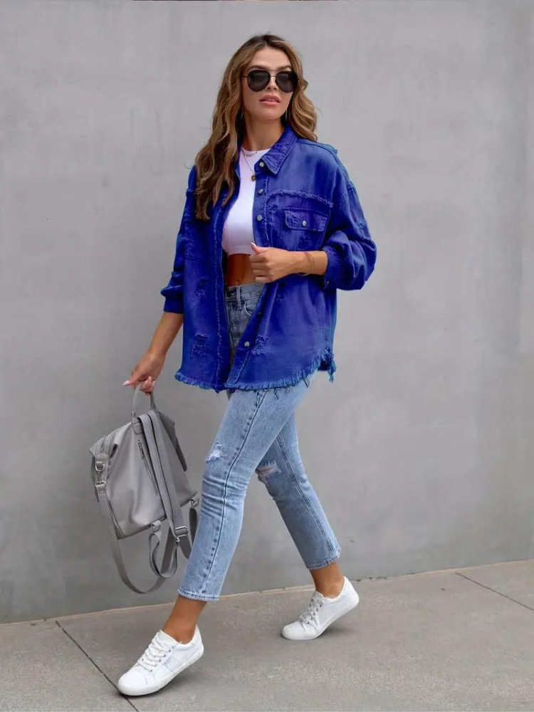 Reese, Giacca di Jeans, Giacca di Jeans Oversize Strappata da Donna-Modaso