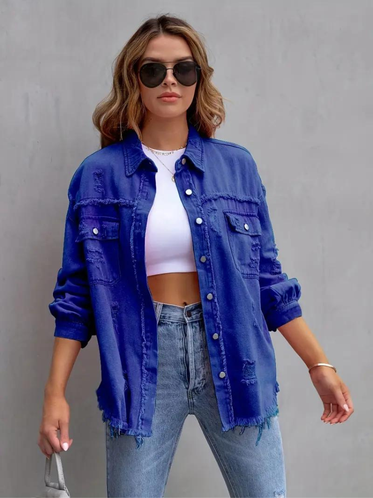 Reese, Giacca di Jeans, Giacca di Jeans Oversize Strappata da Donna-Modaso