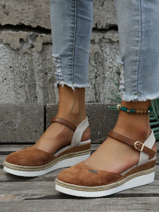 Sandali con plateau | Cinturino alla caviglia | Ortopedici | Espadrillas | Sandali da donna-Marrone-36-Modasso