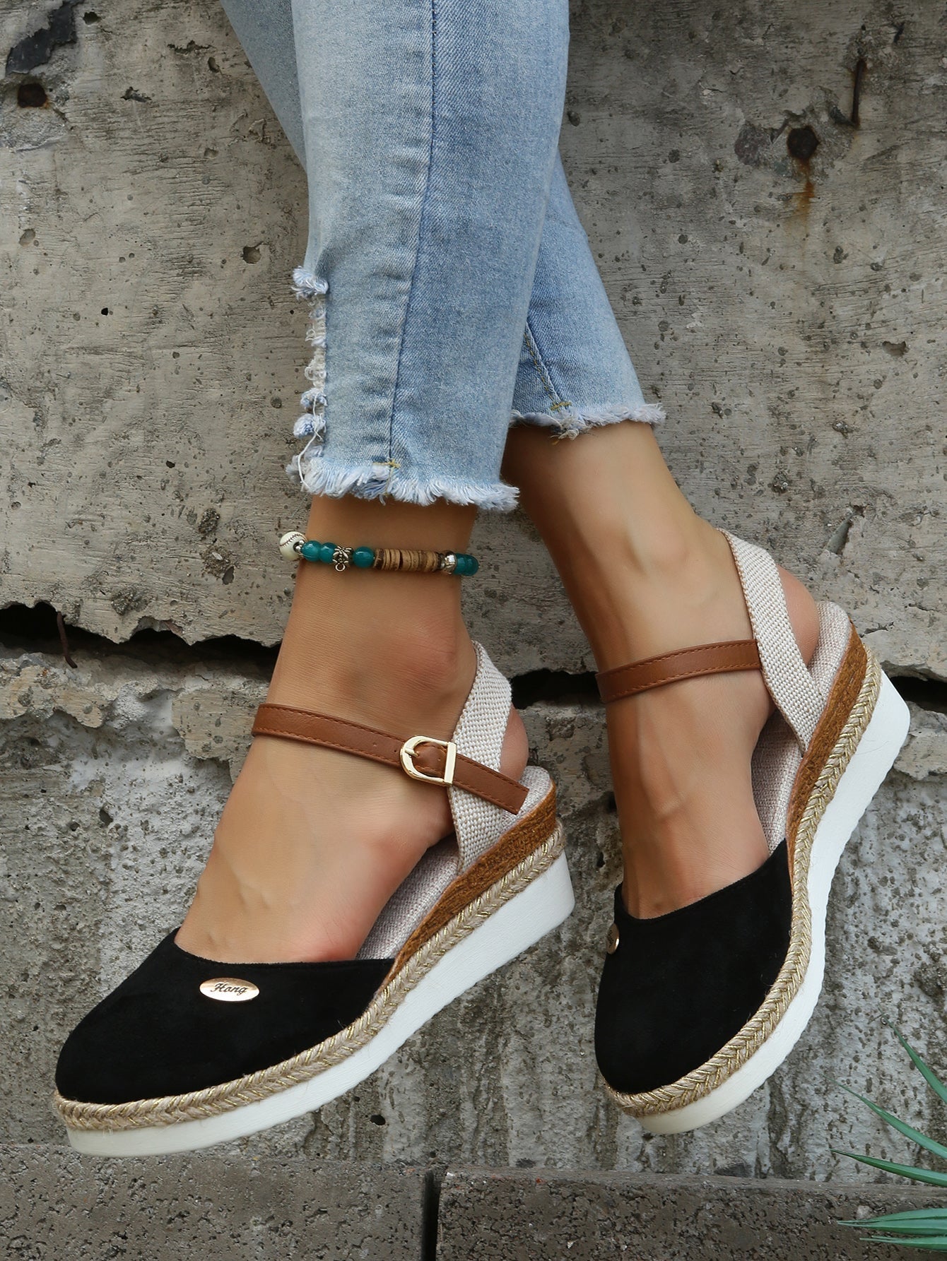 Sandali con plateau | Cinturino alla caviglia | Ortopedici | Espadrillas | Sandali da donna-Nero-36-Modasso
