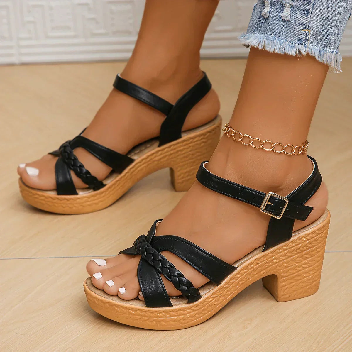 Sandali con tacco - Tacco a blocco - Cinturino alla caviglia - Sandali ortopedici - Scarpe per l'estate-Nero-36-Modasso