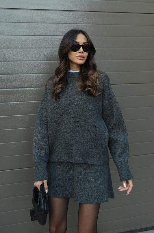 Set Due Pezzi | Maglione lavorato a maglia | Minigonna | Coordinato in maglia | Abbigliamento donna-Grigio-S-Modasso
