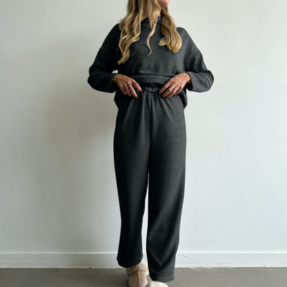 Set Loungewear da Donna, Felpa e Pantaloni a Gamba Larga-Nero-S-Modaso