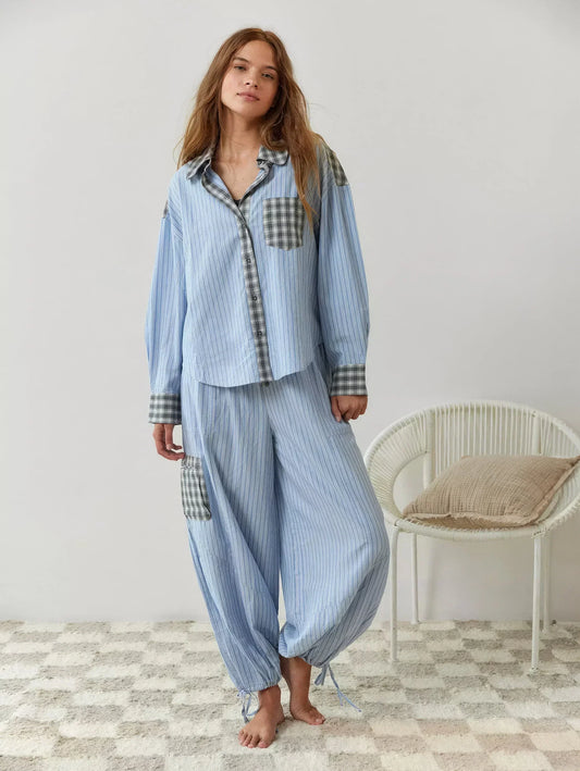 Set Pigiama - Maniche lunghe - Bottoni - Pigiama a quadri - Abbigliamento notte donna-Blu-S-Modasso