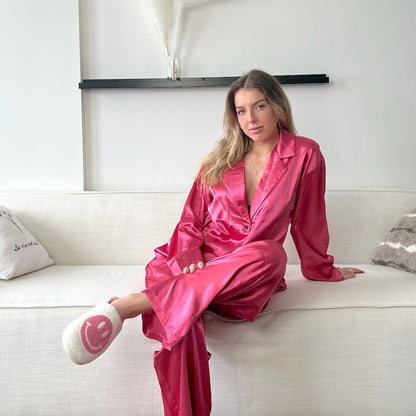 Set Pigiama in Raso di Seta, Donna a Manica Lunga-Rosa-S-Modaso