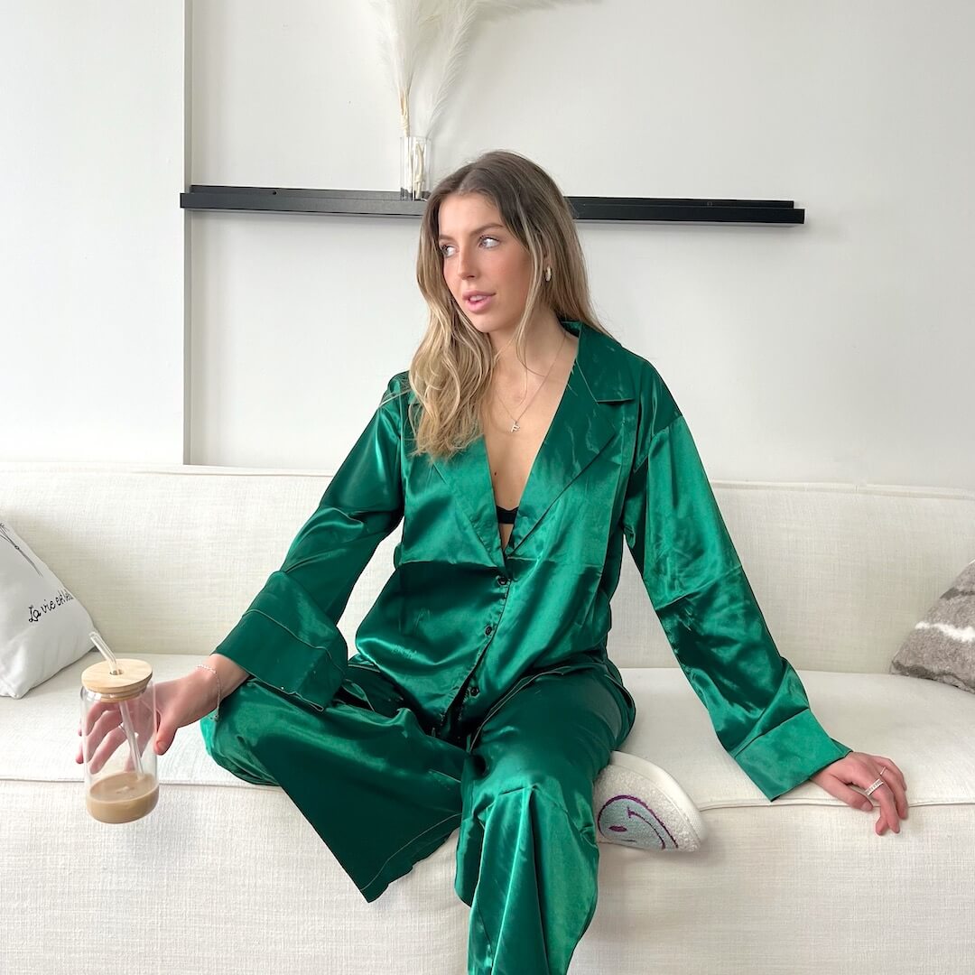 Set Pigiama in Raso di Seta, Donna a Manica Lunga-Verde-S-Modaso
