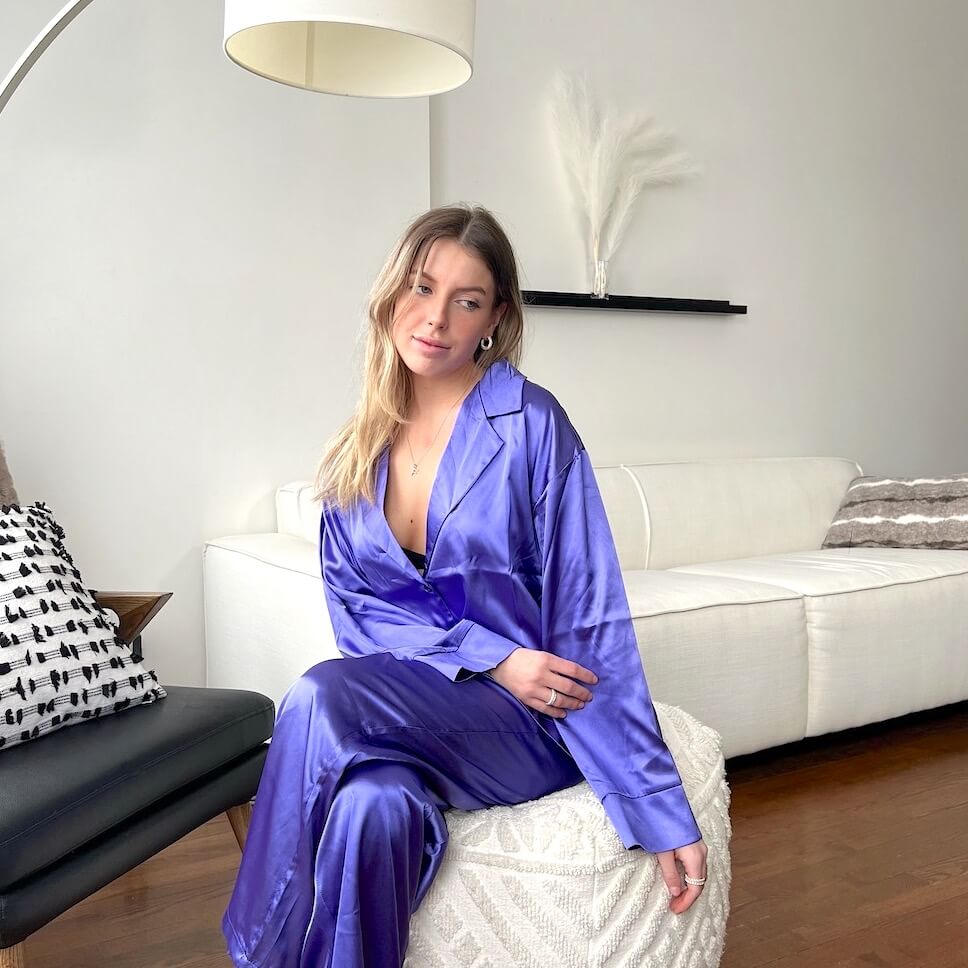 Set Pigiama in Raso di Seta, Donna a Manica Lunga-Viola-S-Modaso