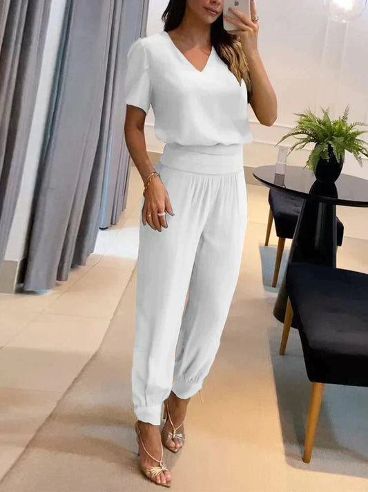 Set coordinato - Camicetta a maniche corte e pantaloni a vita alta da donna Set due pezzi-Bianco-S-Modasso