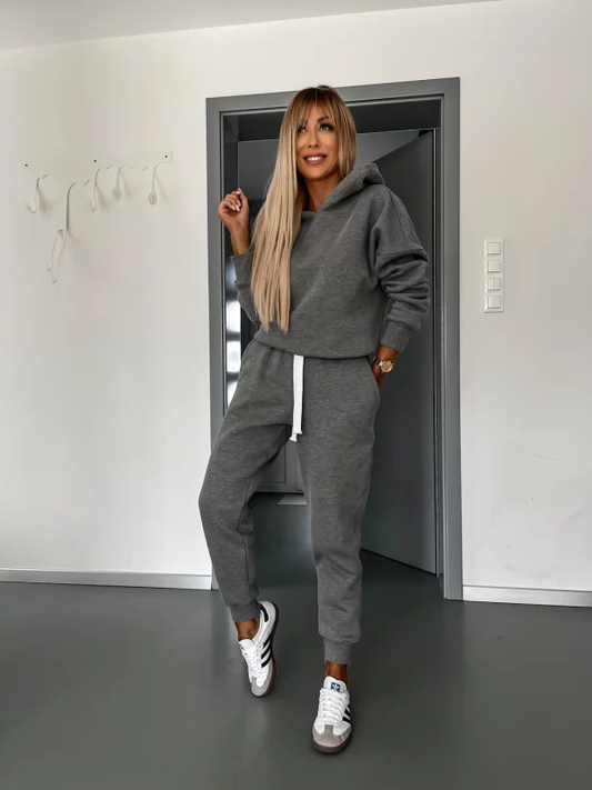 Set felpa con cappuccio e pantaloni della tuta | Cotone | Coulisse | Tuta | Completi da jogging da donna-Grigio-S-Modasso