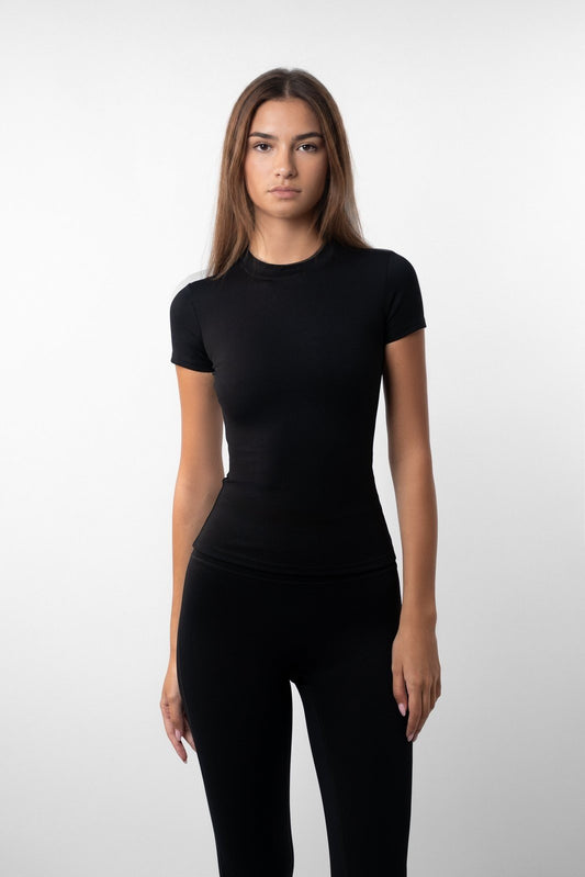T-shirt Sportiva Donna, Vestibilità a Compressione, Manica Corta-Nero-XS-Modaso