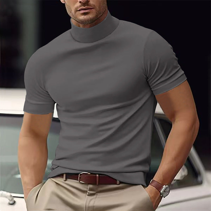 T-shirt da Uomo con Collo Alto, Manica Corta, Tinta Unita-Grigio-S-Modaso