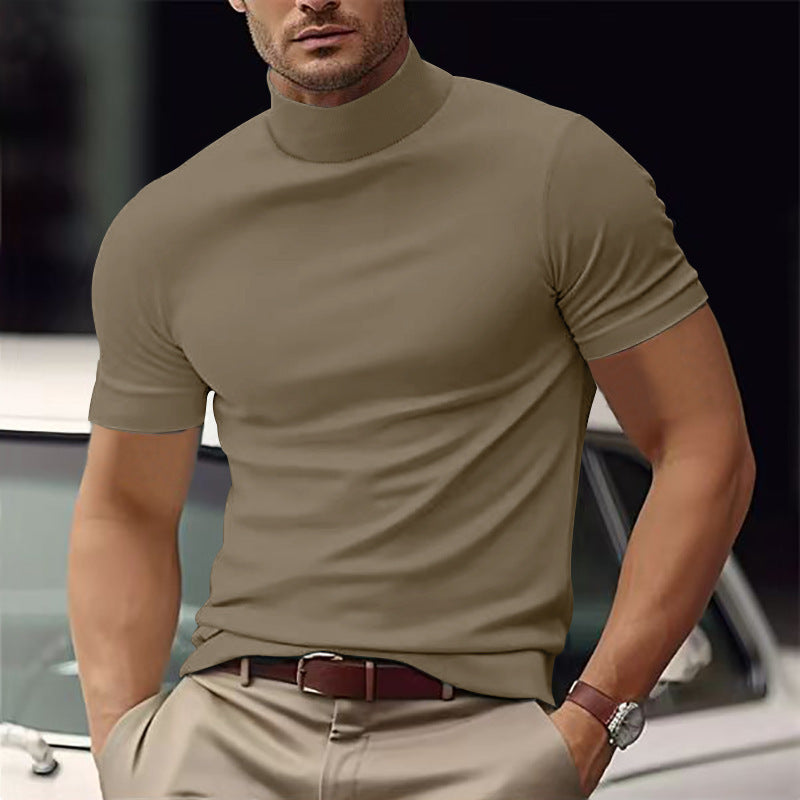 T-shirt da Uomo con Collo Alto, Manica Corta, Tinta Unita-Khaki-S-Modaso