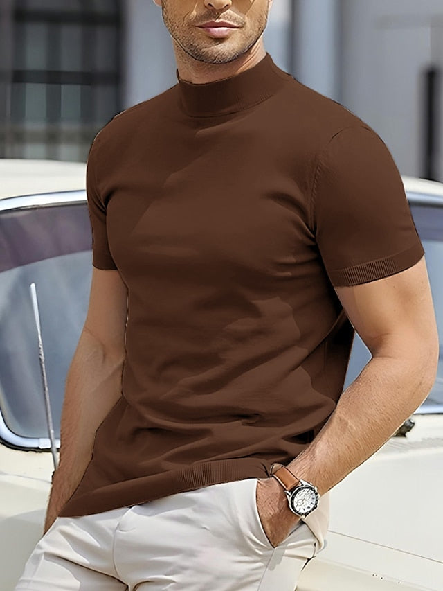T-shirt da Uomo con Collo Alto, Manica Corta, Tinta Unita-Marrone-S-Modaso