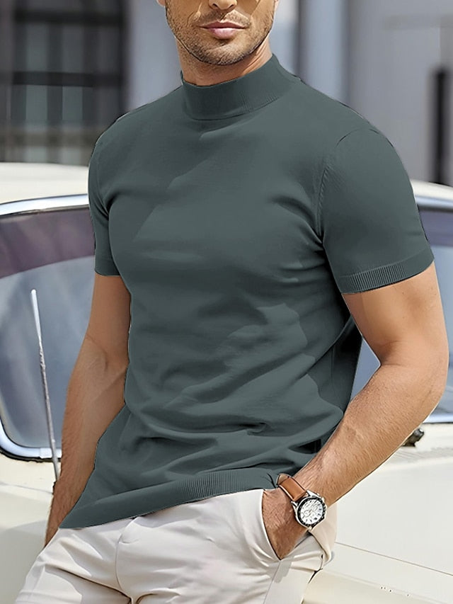T-shirt da Uomo con Collo Alto, Manica Corta, Tinta Unita-Modaso
