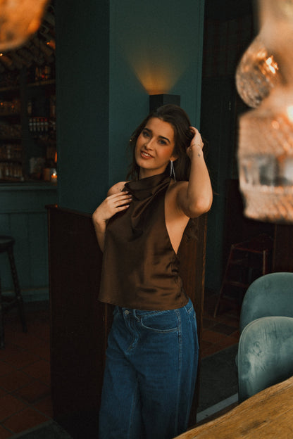 TOP DA FESTA IN RASO MARRONE ELEGANTE DA DONNA-Modaso