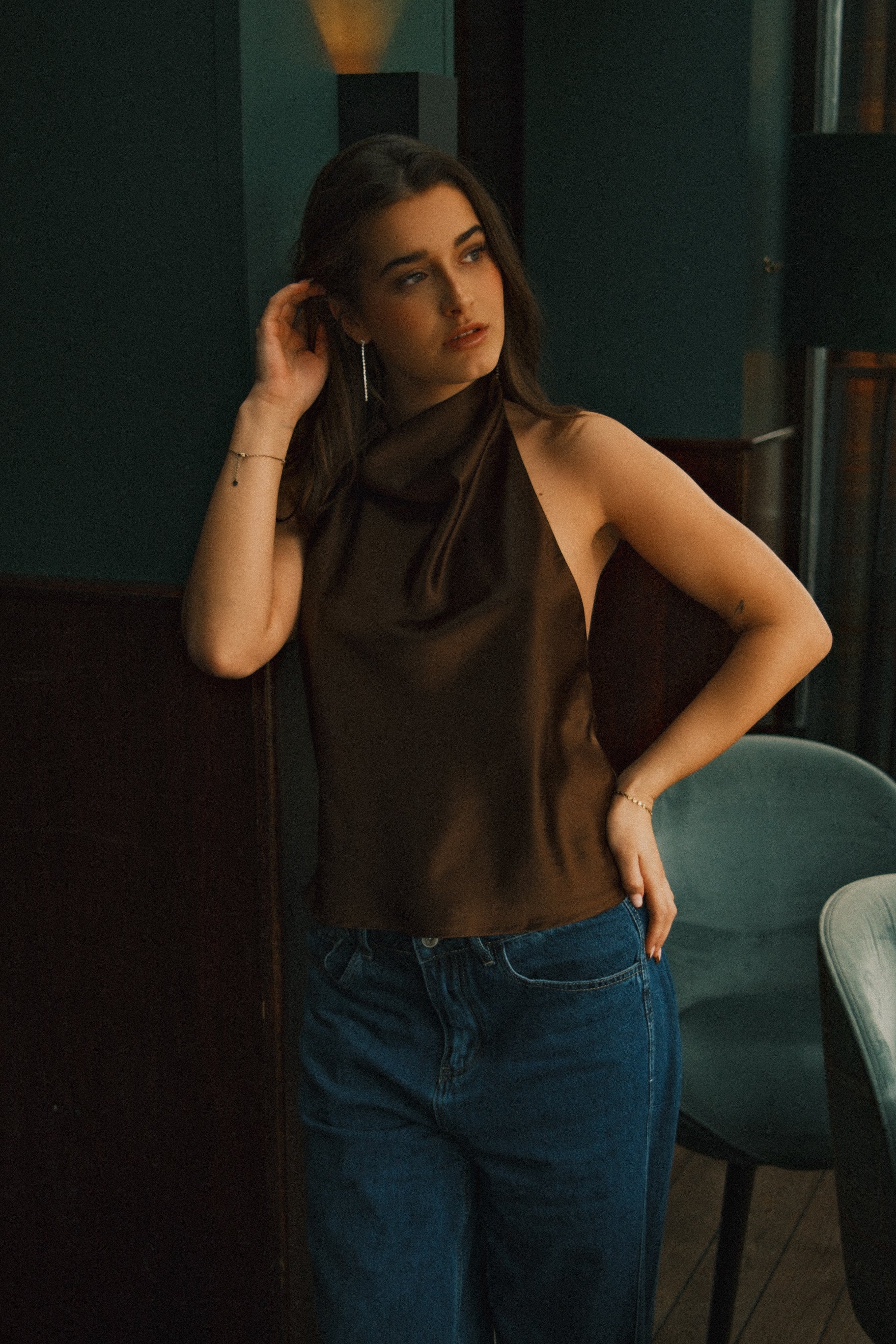 TOP DA FESTA IN RASO MARRONE ELEGANTE DA DONNA-Modaso