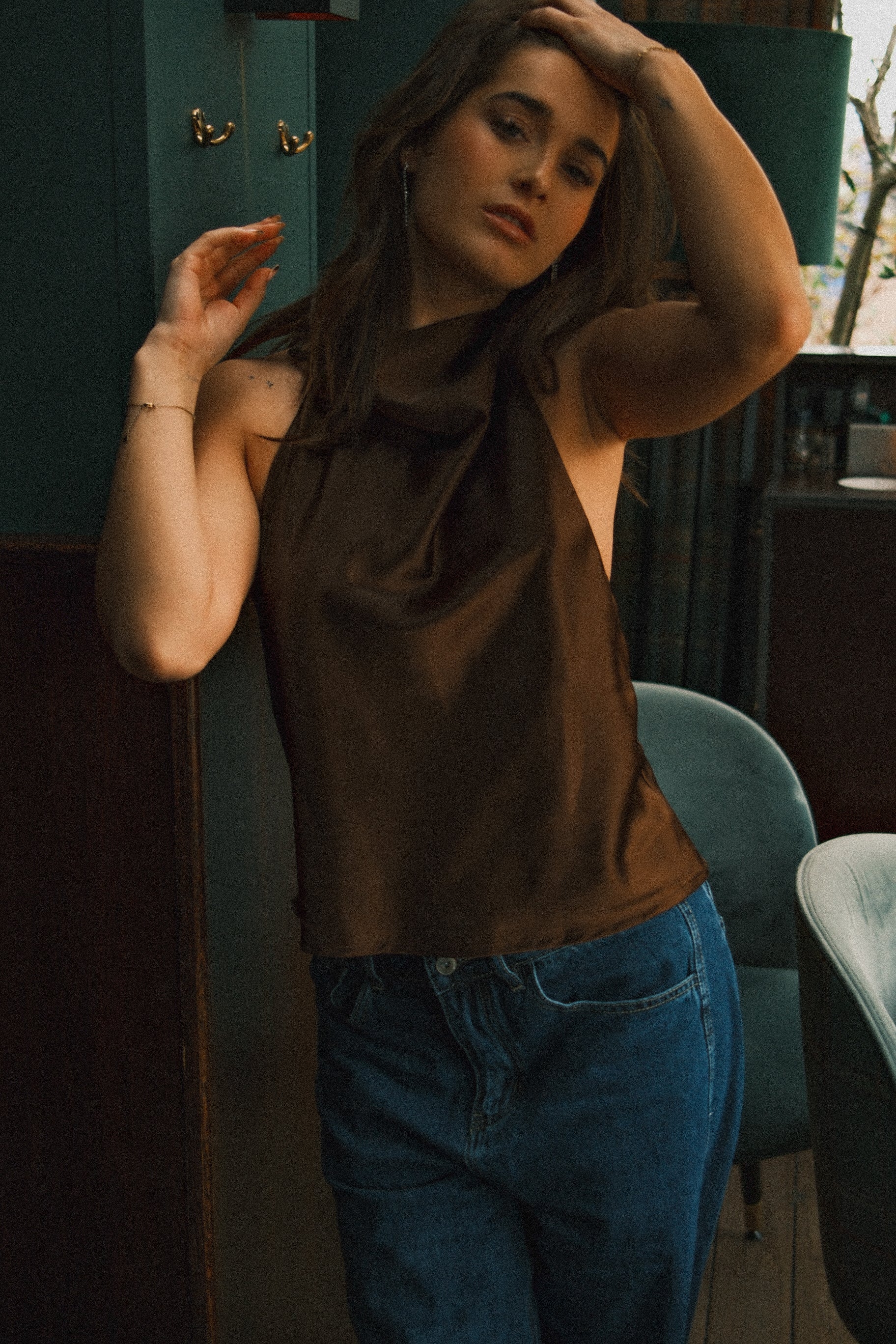 TOP DA FESTA IN RASO MARRONE ELEGANTE DA DONNA-Modaso