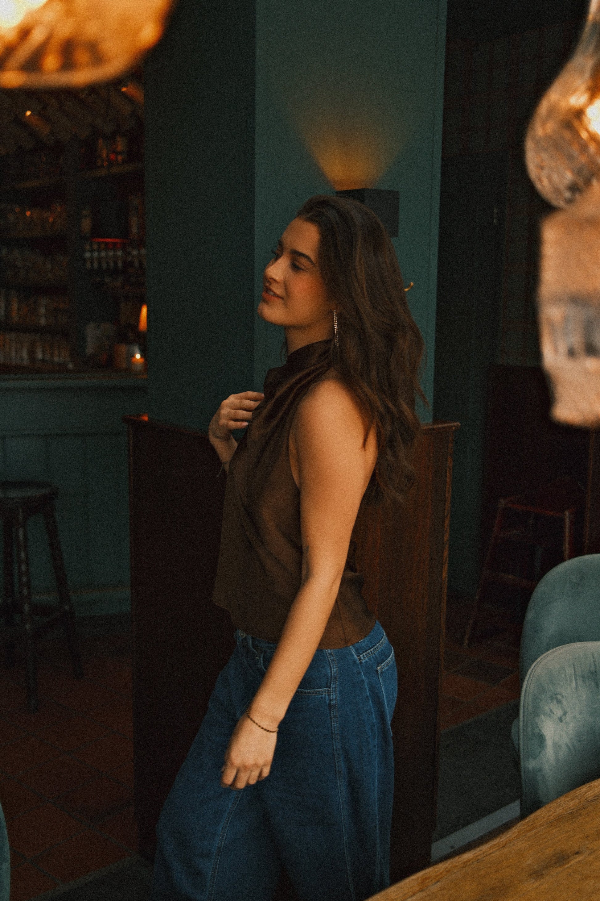 TOP DA FESTA IN RASO MARRONE ELEGANTE DA DONNA-Modaso