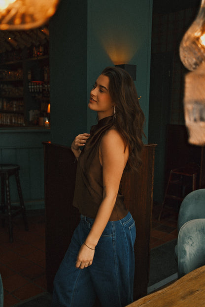 TOP DA FESTA IN RASO MARRONE ELEGANTE DA DONNA-Modaso