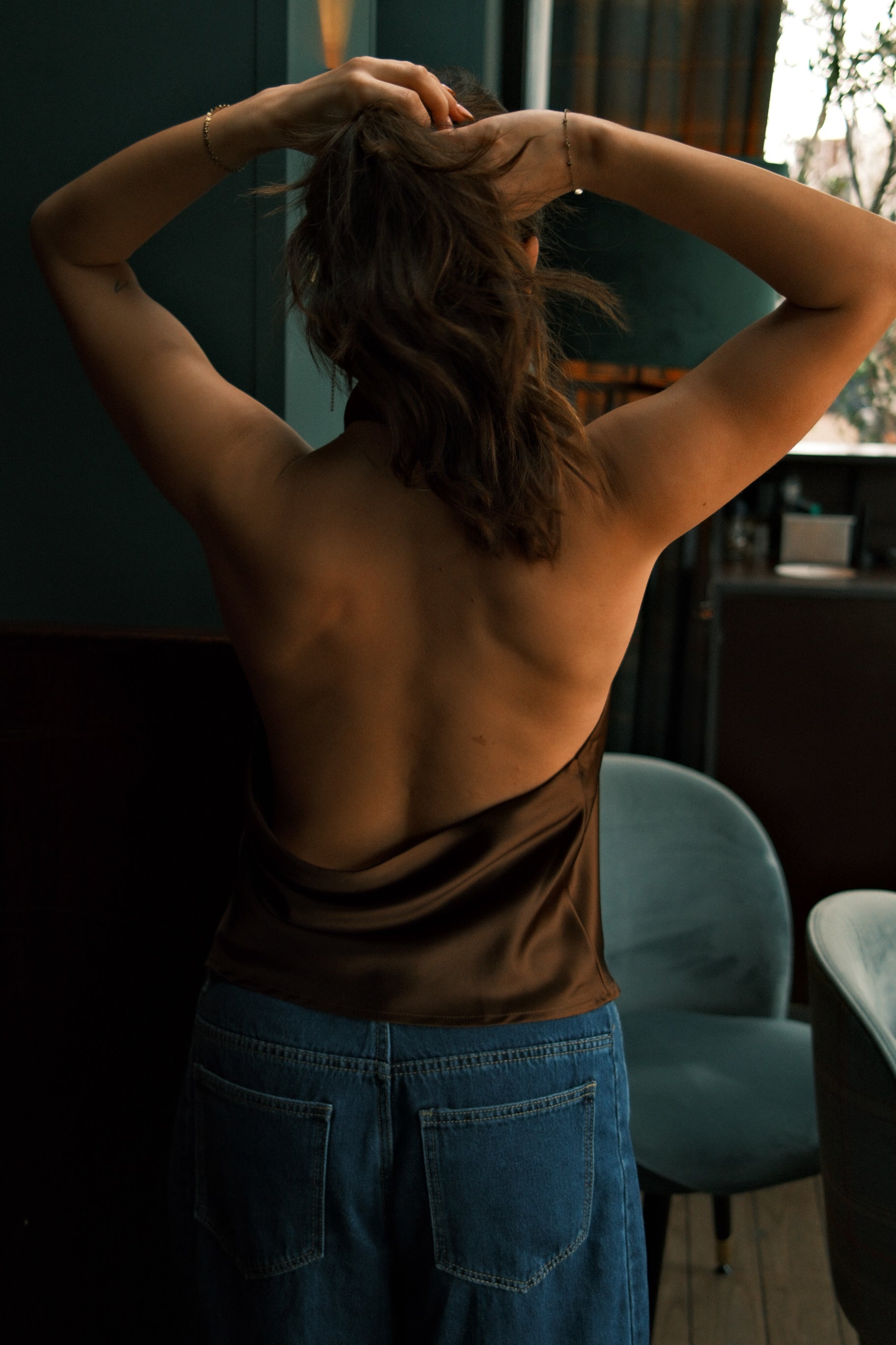 TOP DA FESTA IN RASO MARRONE ELEGANTE DA DONNA-Modaso