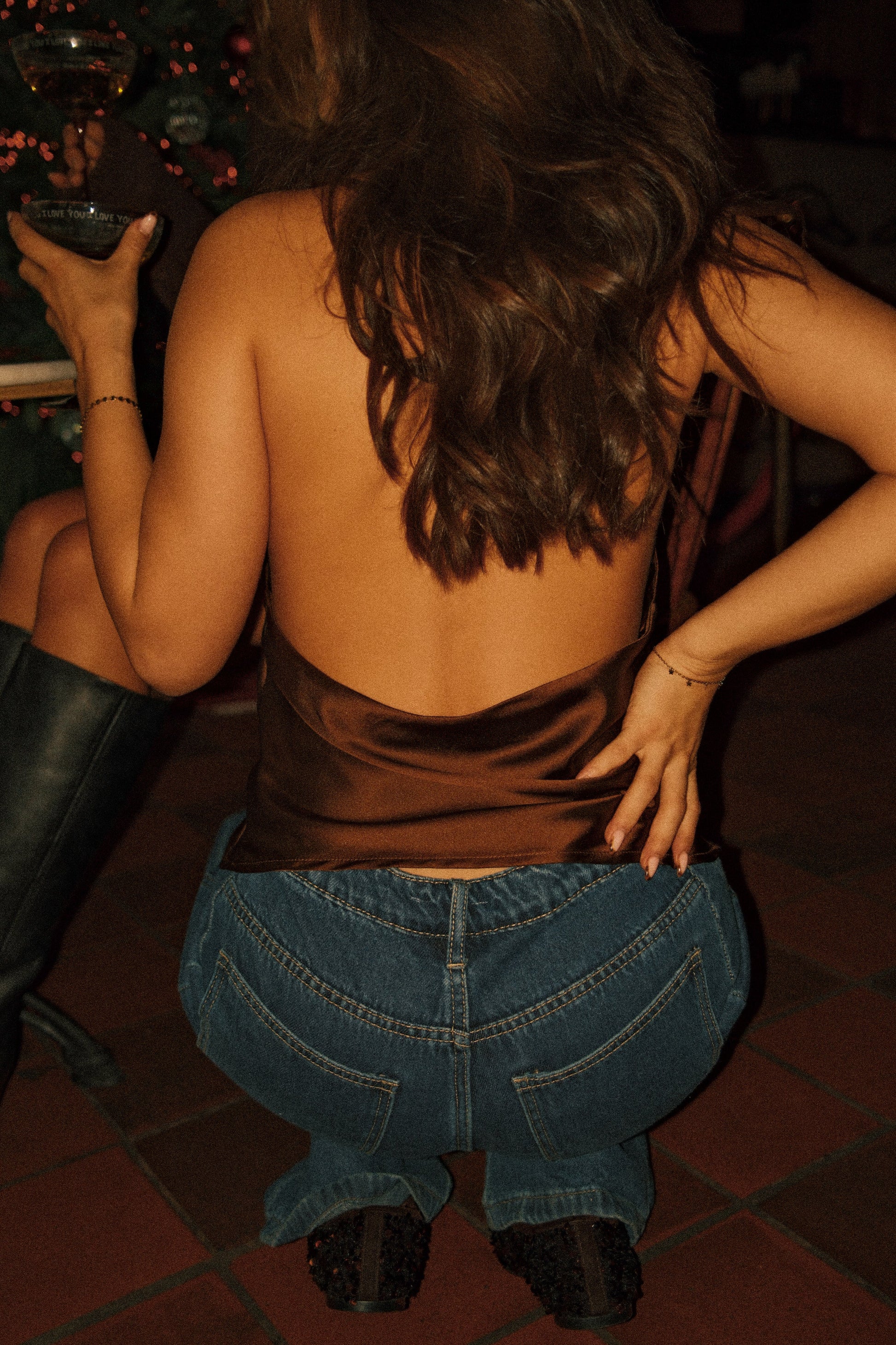 TOP DA FESTA IN RASO MARRONE ELEGANTE DA DONNA-Modaso