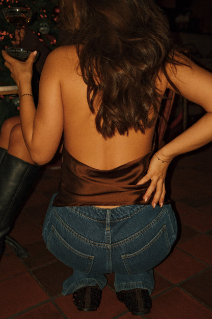 TOP DA FESTA IN RASO MARRONE ELEGANTE DA DONNA-Modaso