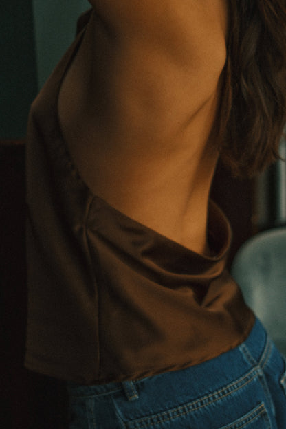 TOP DA FESTA IN RASO MARRONE ELEGANTE DA DONNA-Modaso