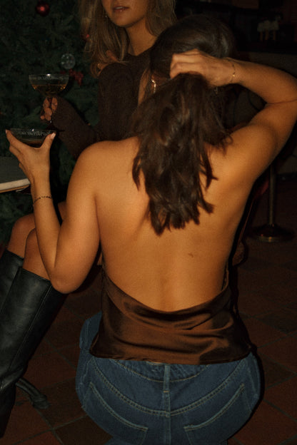 TOP DA FESTA IN RASO MARRONE ELEGANTE DA DONNA-Modaso