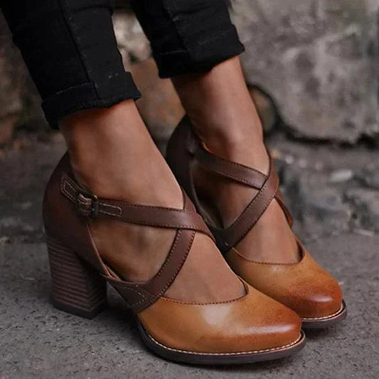Tacchi - Punta chiusa - Tacco largo - Sandali in pelle - Sandali da donna-Marrone-35-Modasso