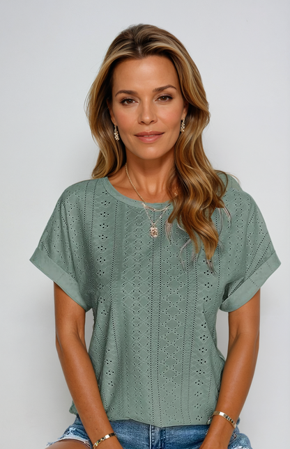 Top Con Occhielli - Vestibilità ampia - Girocollo - Top a maniche corte - Abbigliamento donna-Verde-S-Modasso